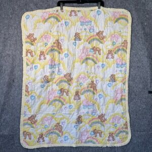 Vintage Baby Crib Blanket Quilt 40x34"‎ Rainbows Bears Elephant 90s 80s